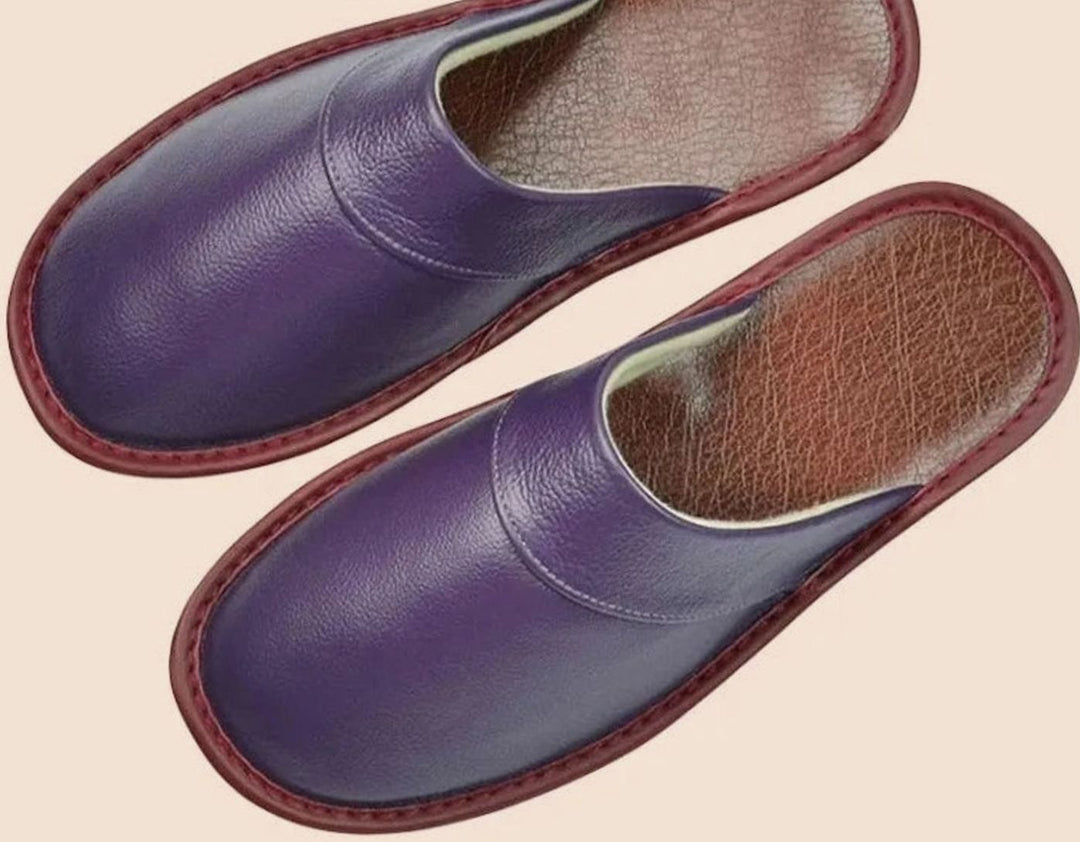 Men's Leather Slip-On Slippers Classic Closed-Toe Indoor Mules - Purple