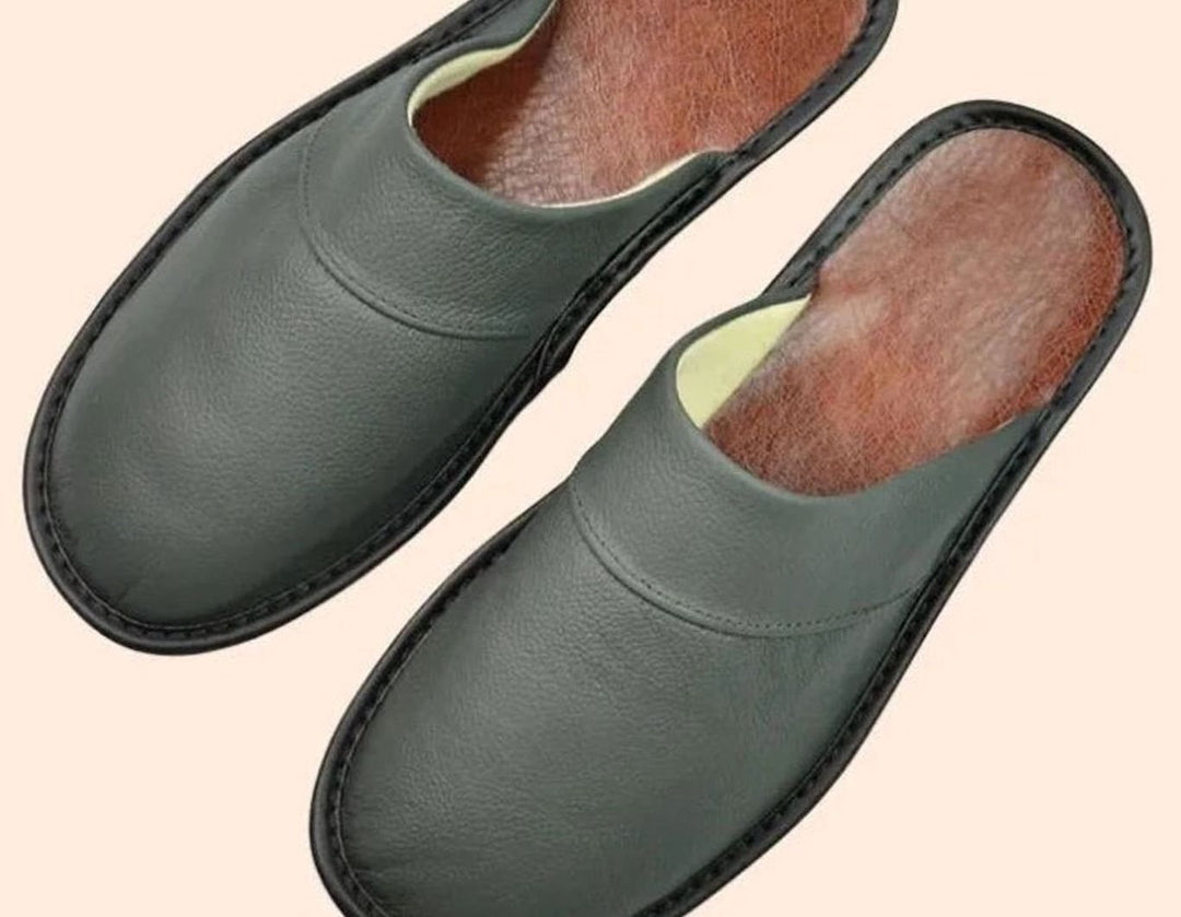 Men's Leather Slip-On Slippers Classic Closed-Toe Indoor Mules - Gray