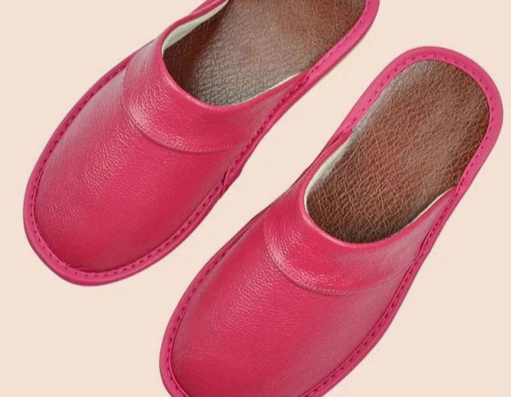 Men's Leather Slip-On Slippers Classic Closed-Toe Indoor Mules - Pink