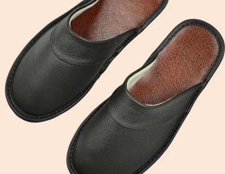 Men's Leather Slip-On Slippers Classic Closed-Toe Indoor Mules - Brown