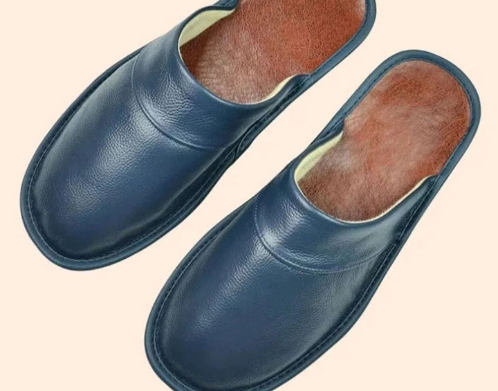 Men's Leather Slip-On Slippers Classic Closed-Toe Indoor Mules - Blue