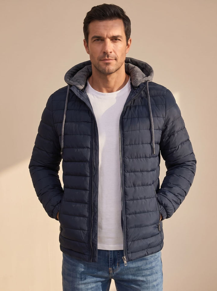 Men's Lightweight Hooded Quilted Puffer Jacket Thermal Insulated - Navy Blue