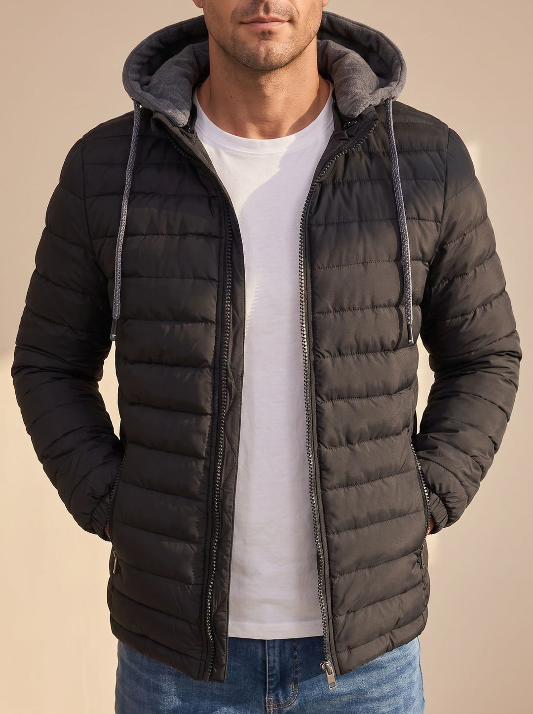 Men's Lightweight Hooded Quilted Puffer Jacket Thermal Insulated - Gray
