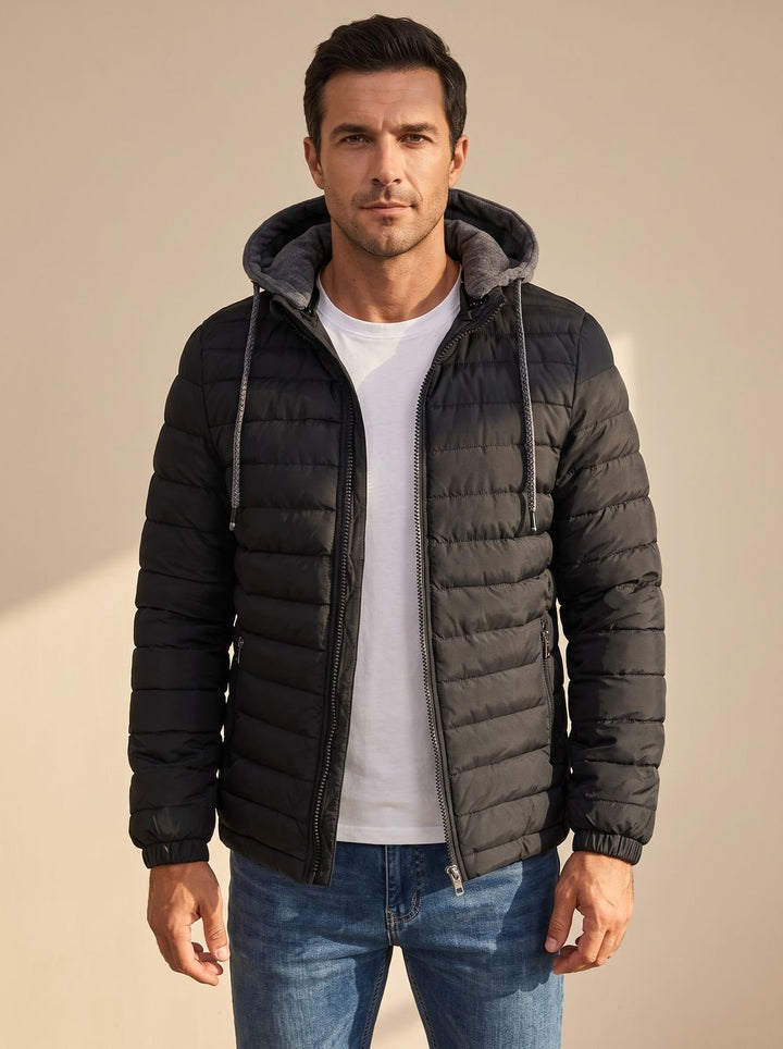 Men's Lightweight Hooded Quilted Puffer Jacket Thermal Insulated - Black
