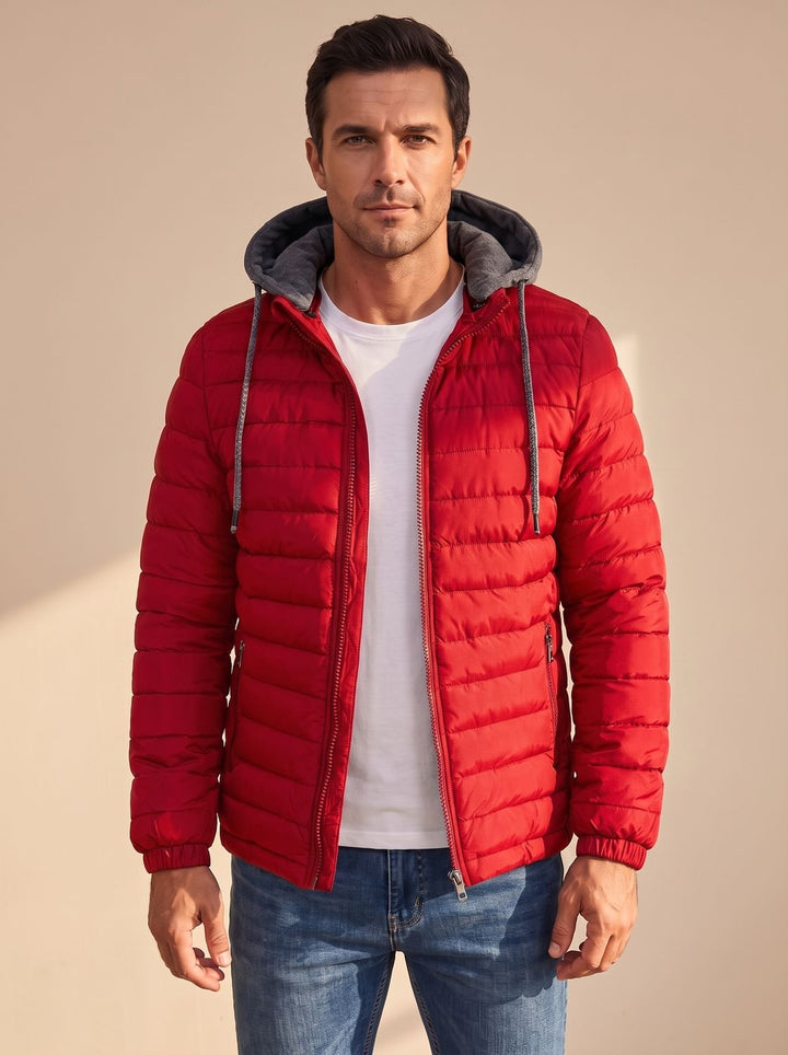 Men's Lightweight Hooded Quilted Puffer Jacket Thermal Insulated - Red