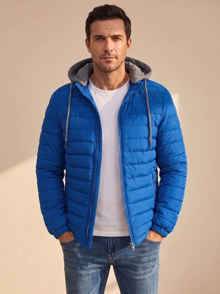 Men's Lightweight Hooded Quilted Puffer Jacket Thermal Insulated - Royal Blue