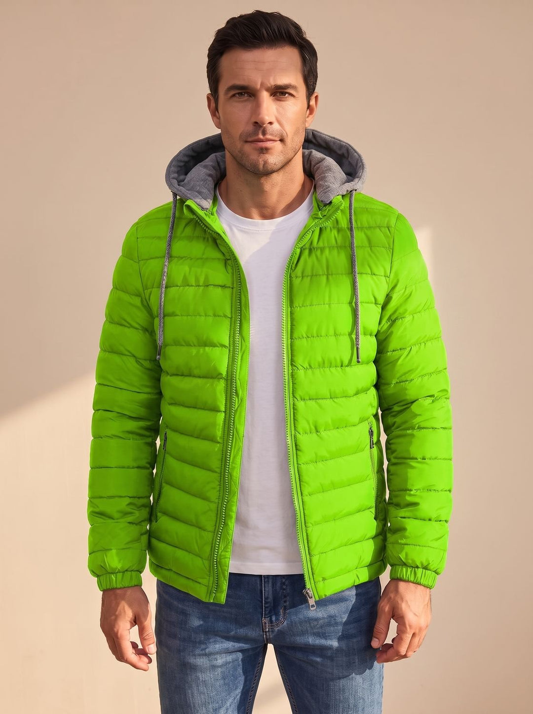 Men's Lightweight Hooded Quilted Puffer Jacket Thermal Insulated - Green