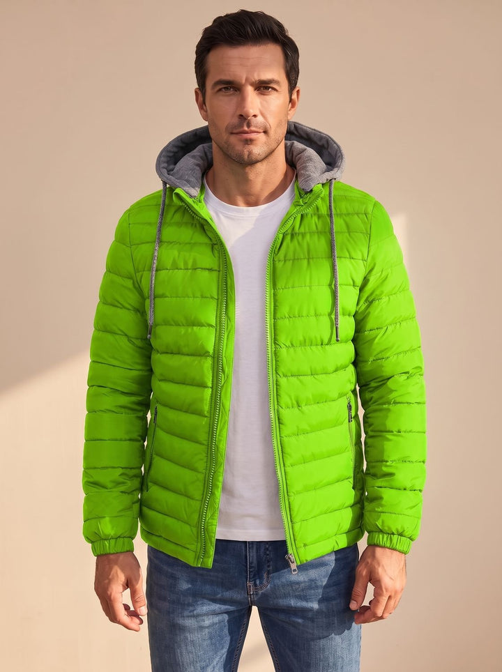 Men's Lightweight Hooded Quilted Puffer Jacket Thermal Insulated - Green
