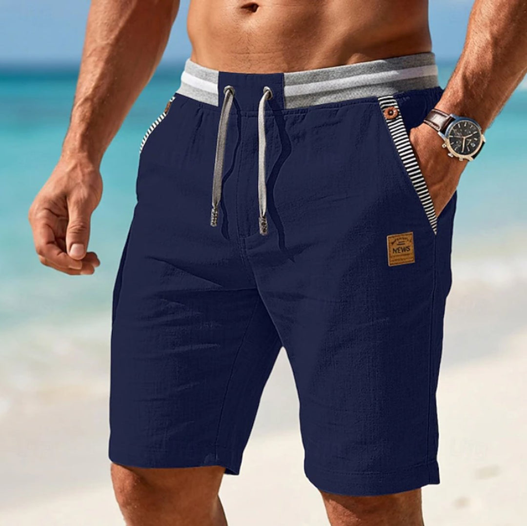 Men's Lightweight Linen-Feel Drawstring Casual Beach Shorts - Navy Blue