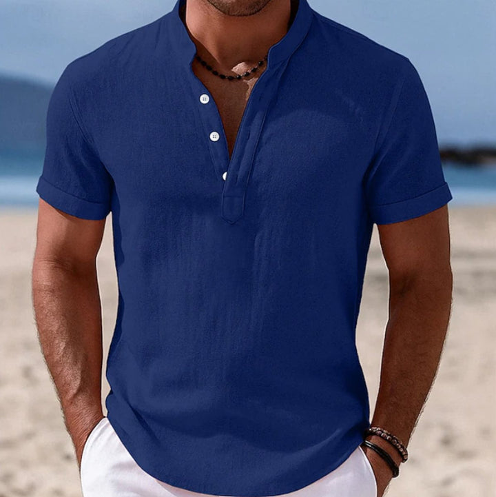 Men's Lightweight Linen-Feel Henley Button-Up Short Sleeve Shirt - Blue