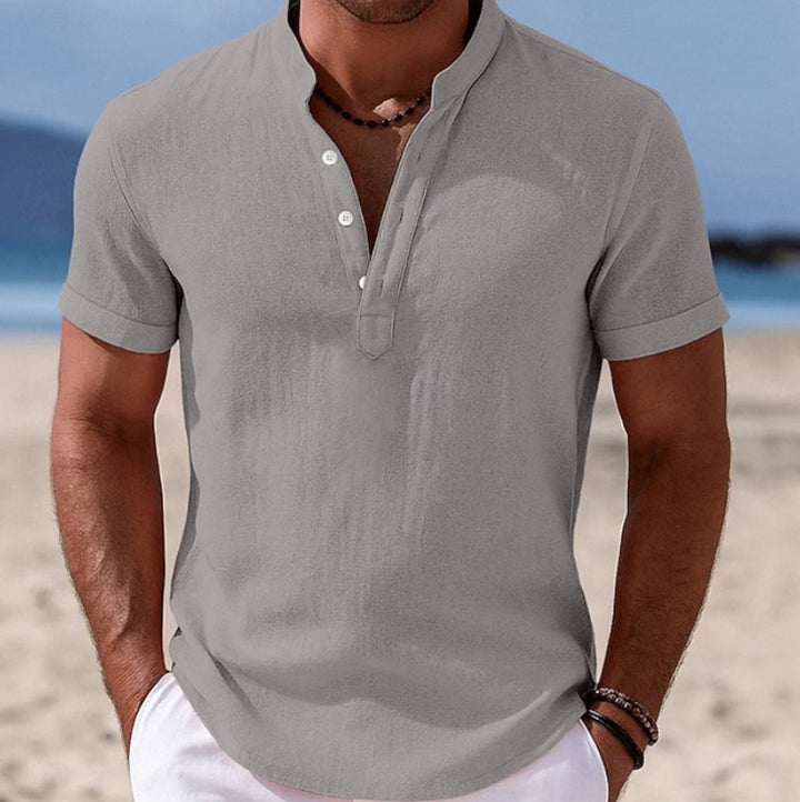 Men's Lightweight Linen-Feel Henley Button-Up Short Sleeve Shirt - Gray