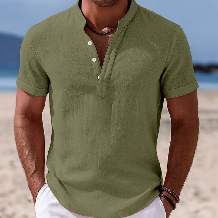 Men's Lightweight Linen-Feel Henley Button-Up Short Sleeve Shirt - Green