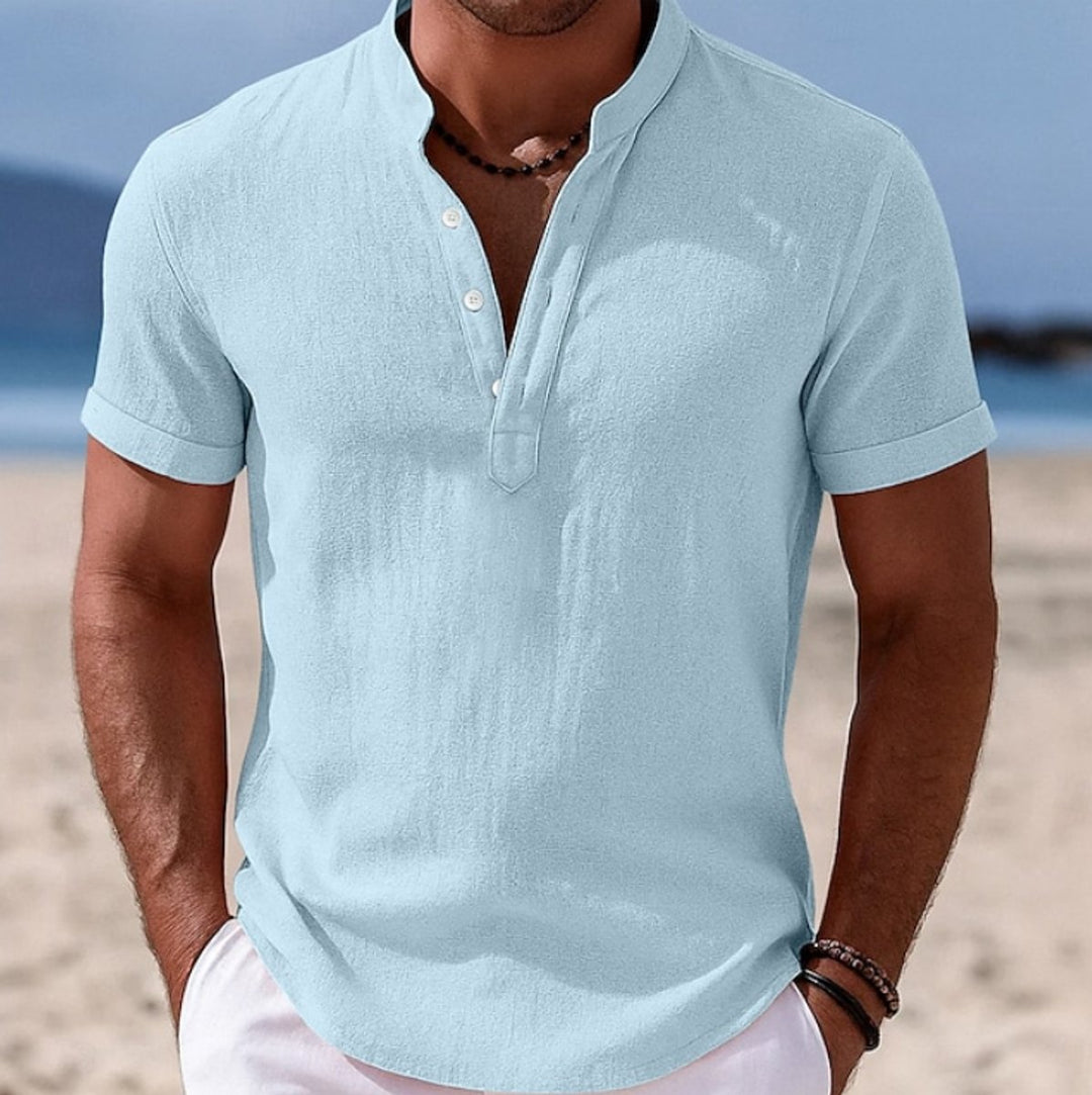 Men's Lightweight Linen-Feel Henley Button-Up Short Sleeve Shirt - Light Blue