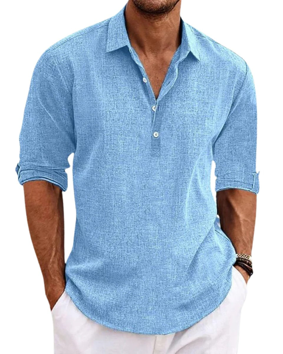Men's Linen-Blend Long-Sleeve Henley Popover Shirt