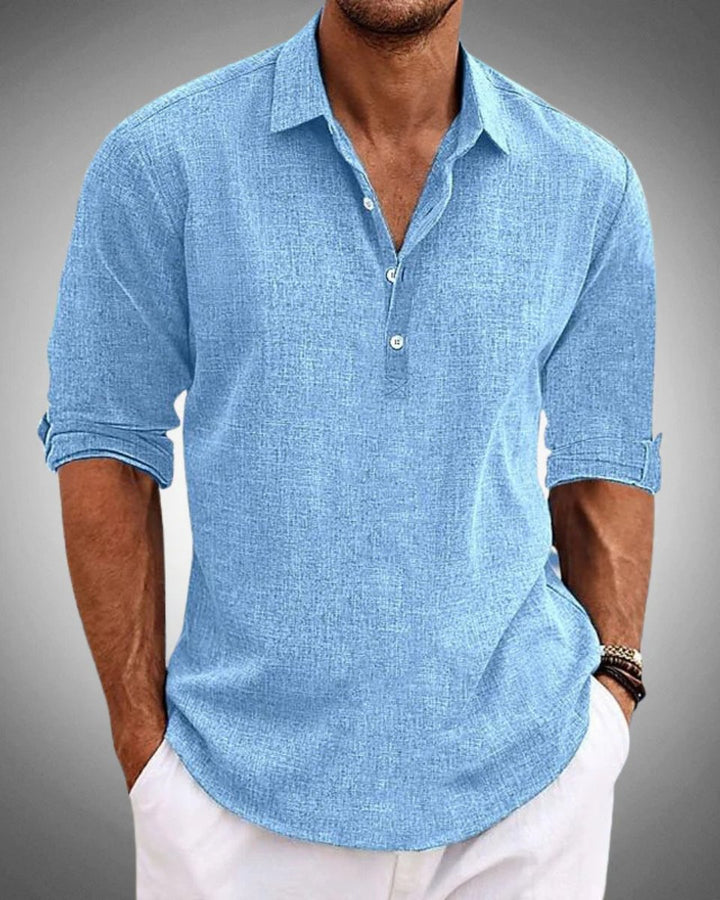 Men's Linen-Blend Long-Sleeve Henley Popover Shirt - Blue