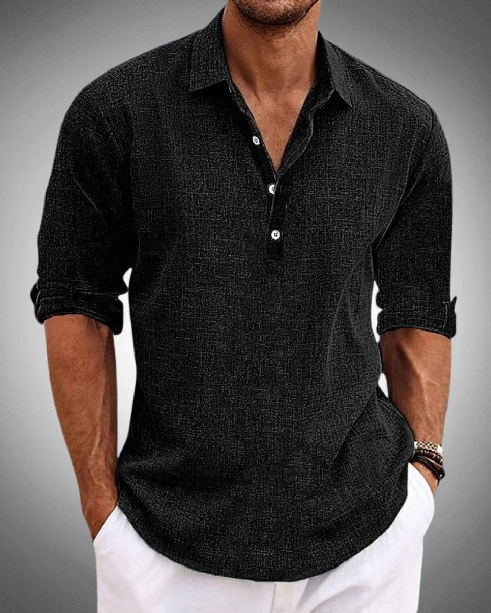 Men's Linen-Blend Long-Sleeve Henley Popover Shirt - Black