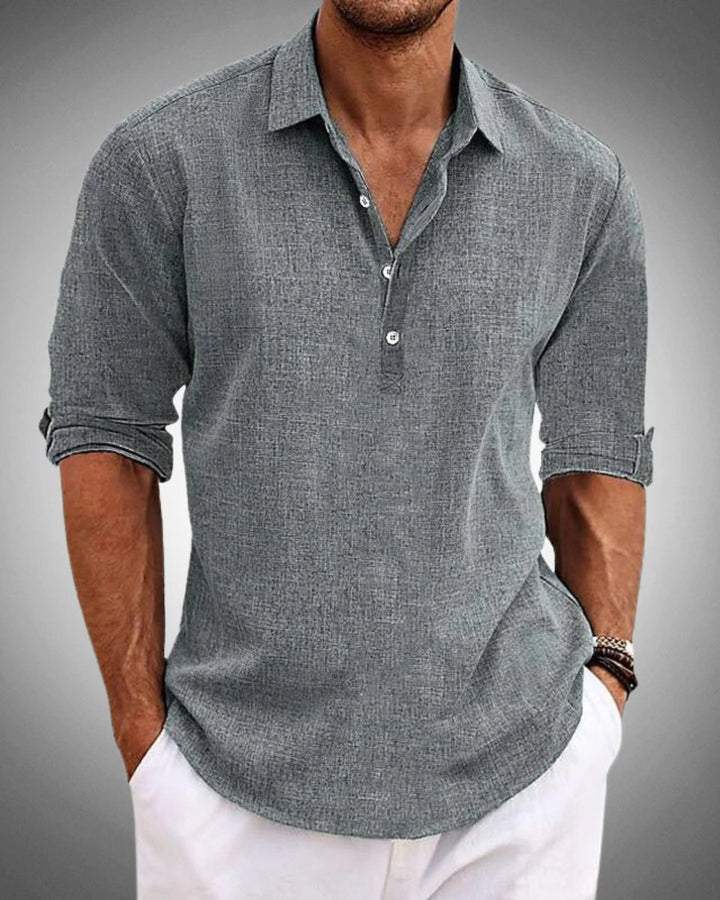 Men's Linen-Blend Long-Sleeve Henley Popover Shirt - Gray