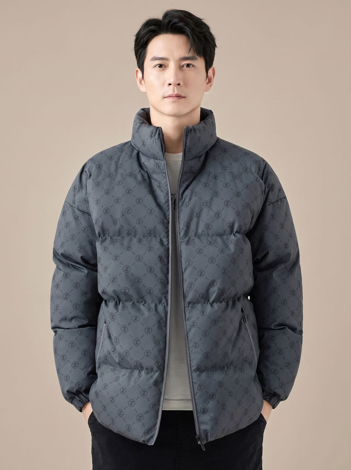 Men's Logo Print Puffer Jacket Stand Collar Zip-Up - Grey