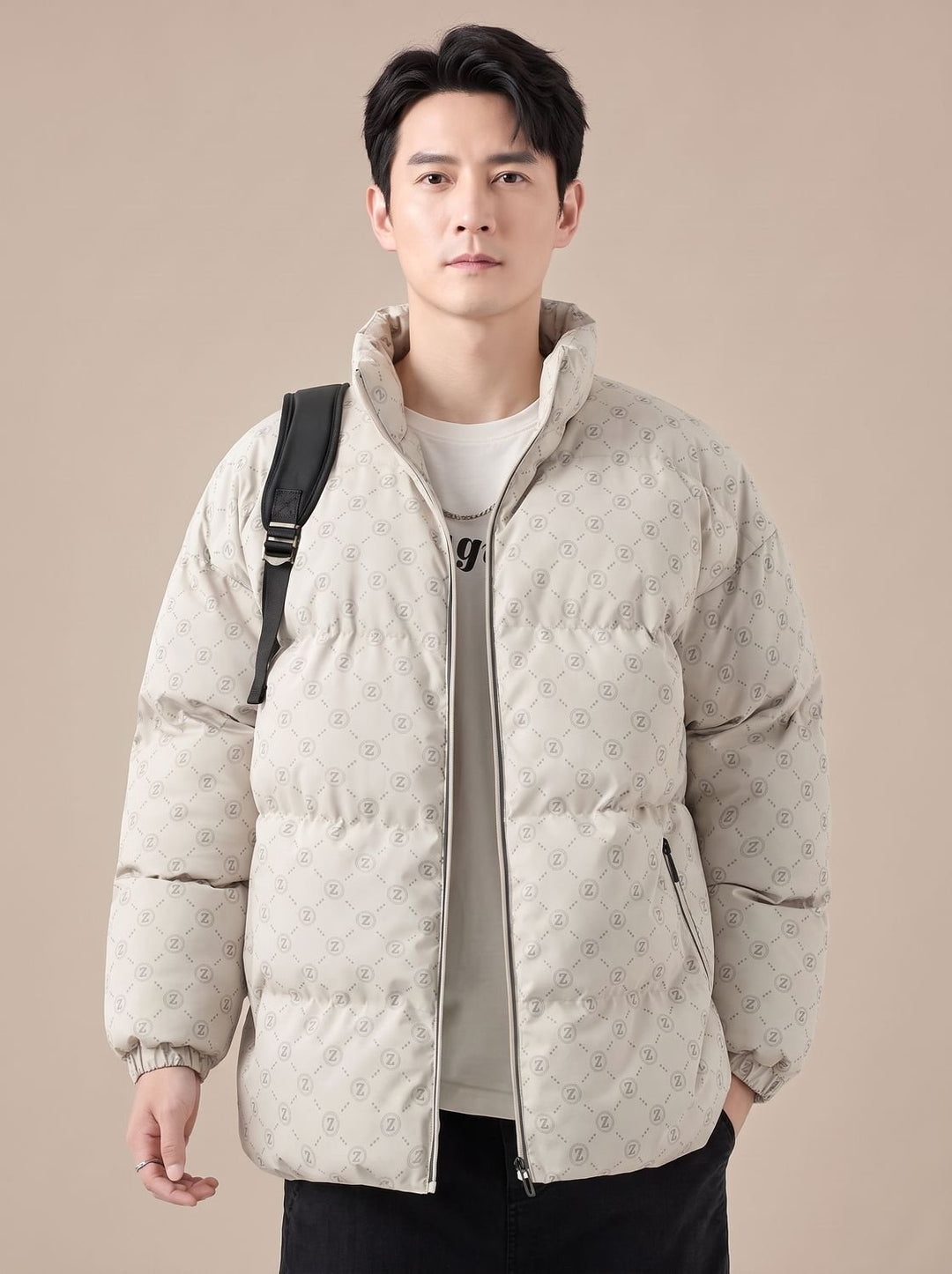 Men's Logo Print Puffer Jacket Stand Collar Zip-Up - Beige