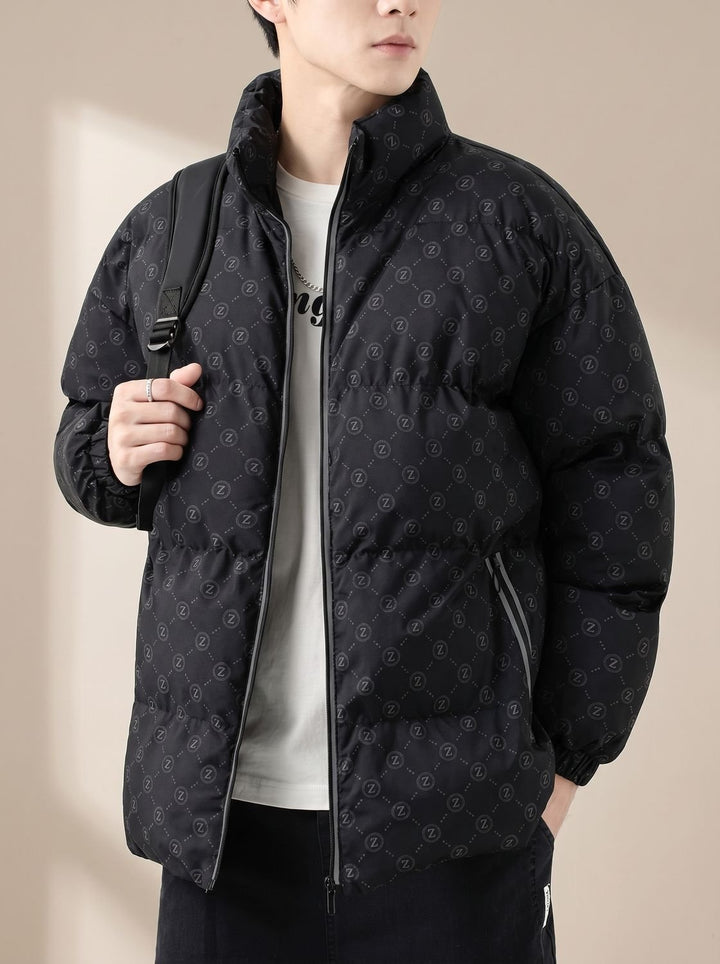Men's Logo Print Puffer Jacket Stand Collar Zip-Up - Black