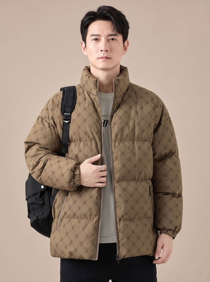 Men's Logo Print Puffer Jacket Stand Collar Zip-Up - Coffee