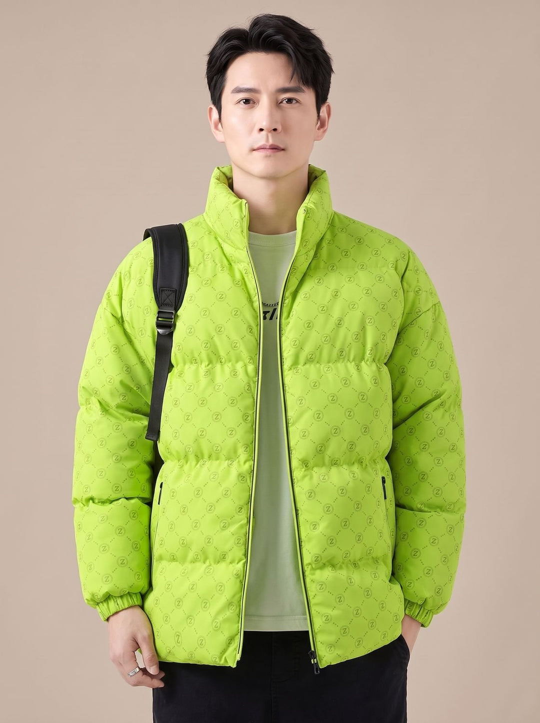 Men's Logo Print Puffer Jacket Stand Collar Zip-Up - Green