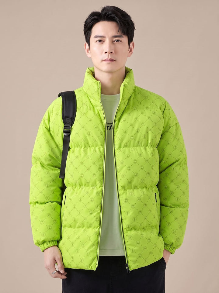 Men's Logo Print Puffer Jacket Stand Collar Zip-Up - Green