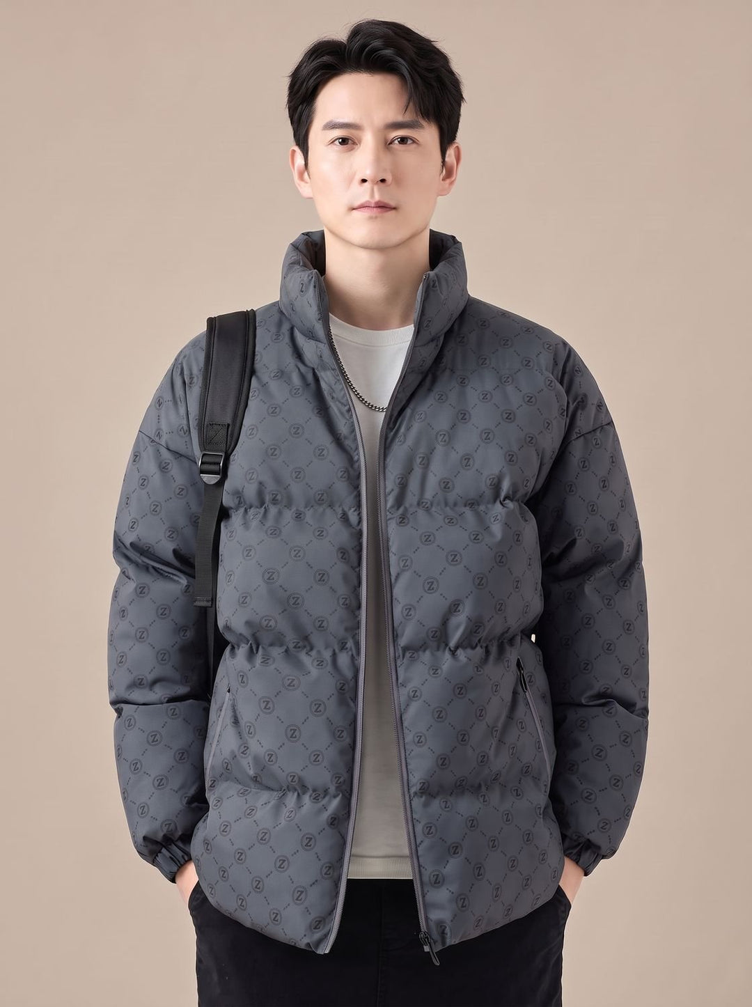 Men's Logo Print Puffer Jacket Stand Collar Zip-Up