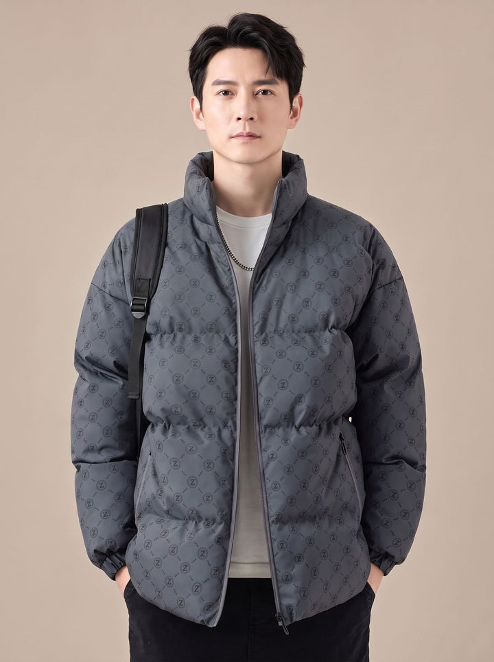 Men's Logo Print Puffer Jacket Stand Collar Zip-Up