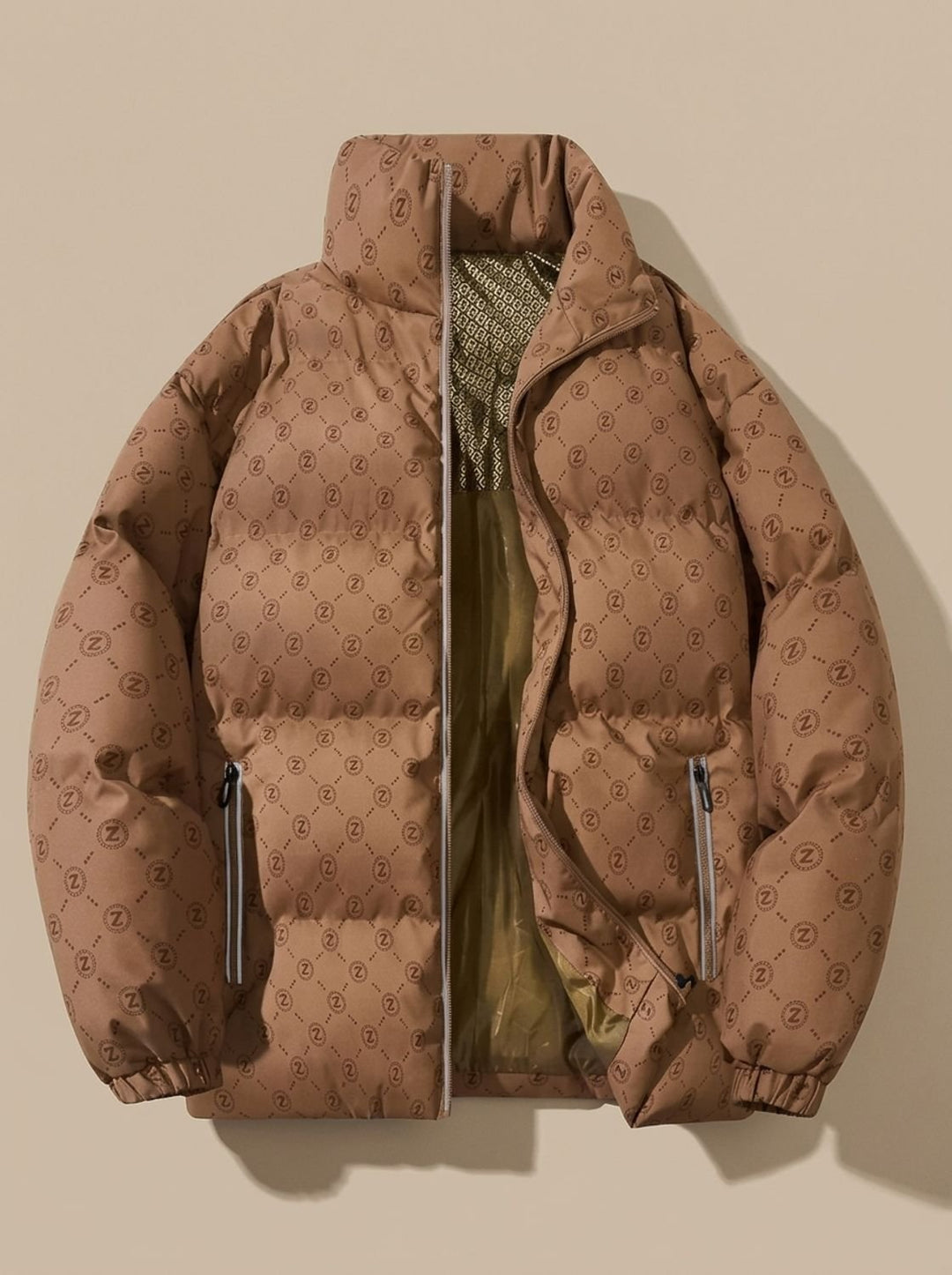Men's Logo Print Puffer Jacket Stand Collar Zip-Up