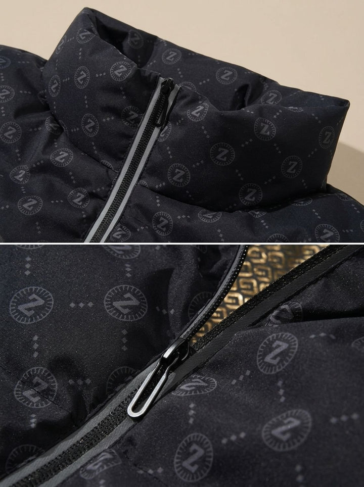 Men's Logo Print Puffer Jacket Stand Collar Zip-Up
