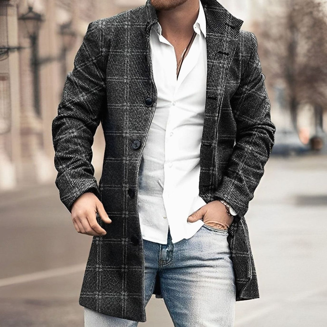 Men's Long Button Up Coat Tailored Houndstooth Wool-Blend Overcoat - Black