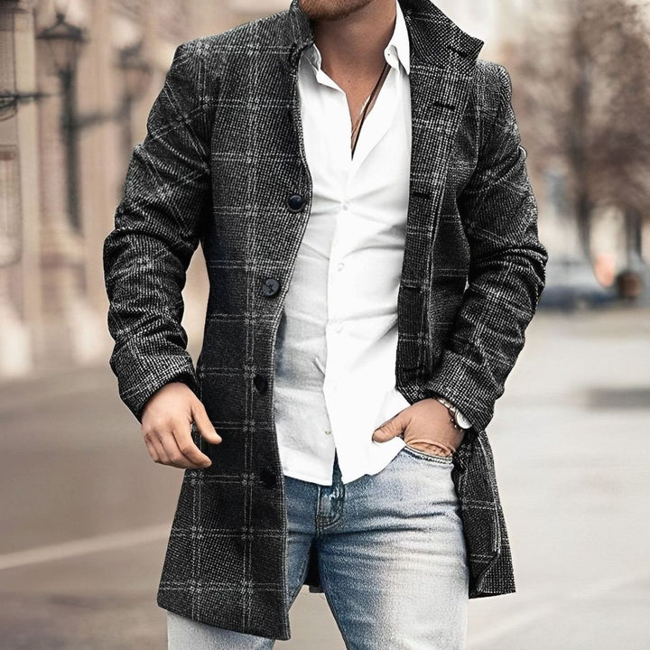 Men's Long Button Up Coat Tailored Houndstooth Wool-Blend Overcoat - Black