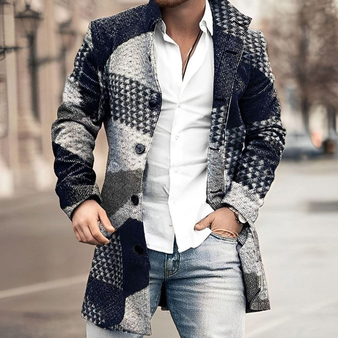 Men's Long Button Up Coat Tailored Houndstooth Wool-Blend Overcoat - Dark Blue