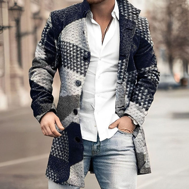 Men's Long Button Up Coat Tailored Houndstooth Wool-Blend Overcoat - Dark Blue