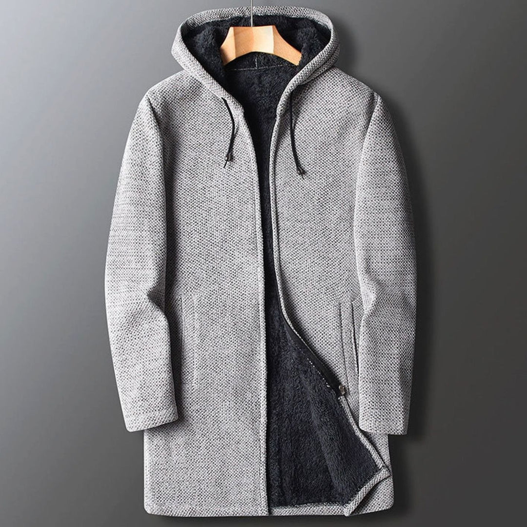 Men's Long Hooded Coat Fleece-Lined Full-Length Winter Overcoat - Light Grey