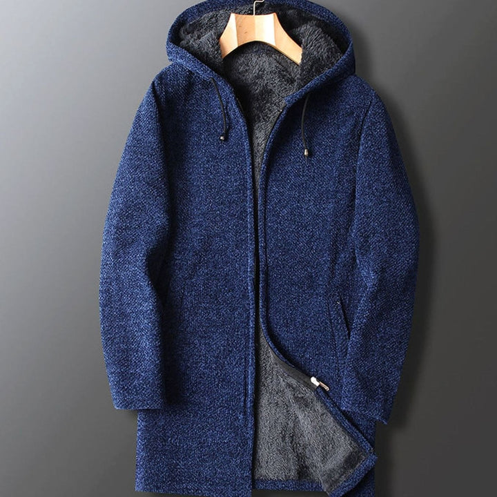 Men's Long Hooded Coat Fleece-Lined Full-Length Winter Overcoat - Navy Blue
