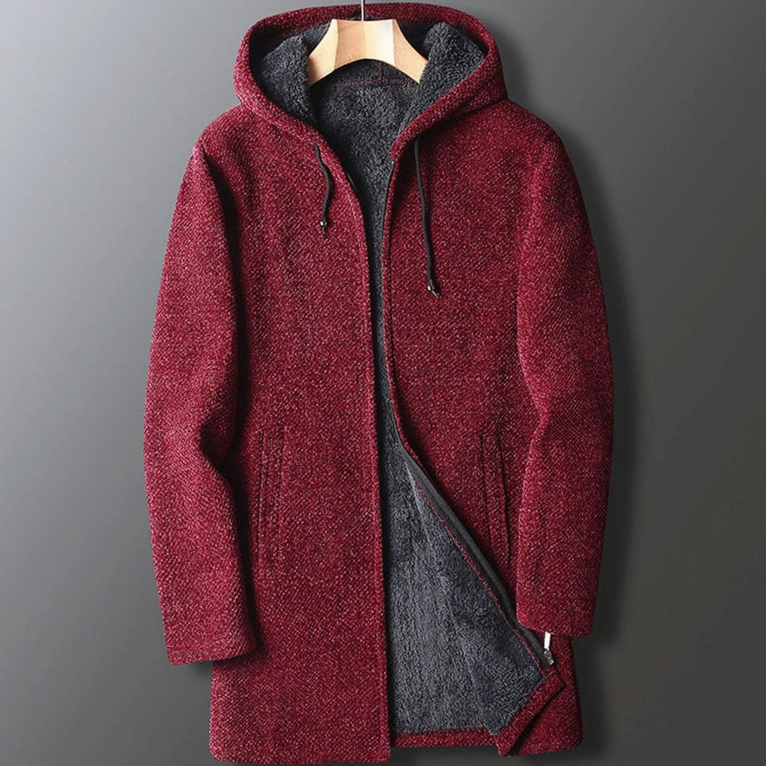 Men's Long Hooded Coat Fleece-Lined Full-Length Winter Overcoat - Red