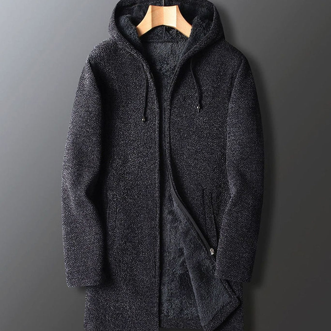Men's Long Hooded Coat Fleece-Lined Full-Length Winter Overcoat - Dark Grey