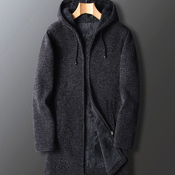 Men's Long Hooded Coat Fleece-Lined Full-Length Winter Overcoat - Dark Grey