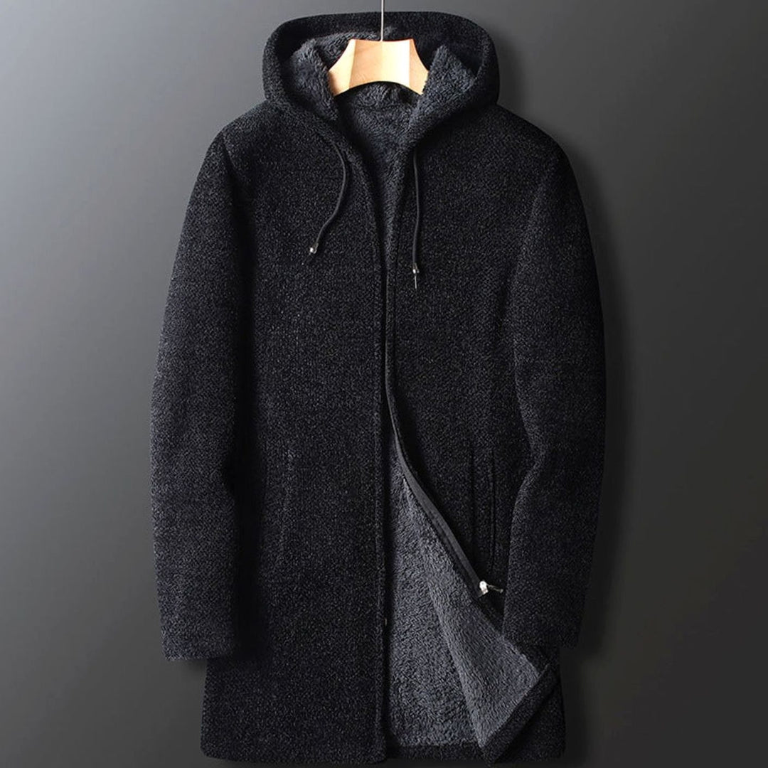 Men's Long Hooded Coat Fleece-Lined Full-Length Winter Overcoat - Black