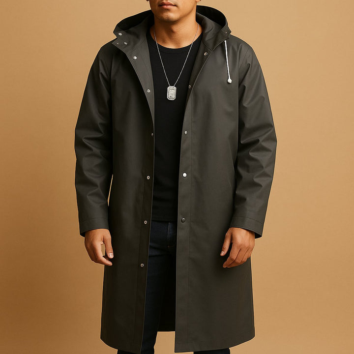 Men's Long Hooded Waterproof Rain Jacket EVA Snap-Front