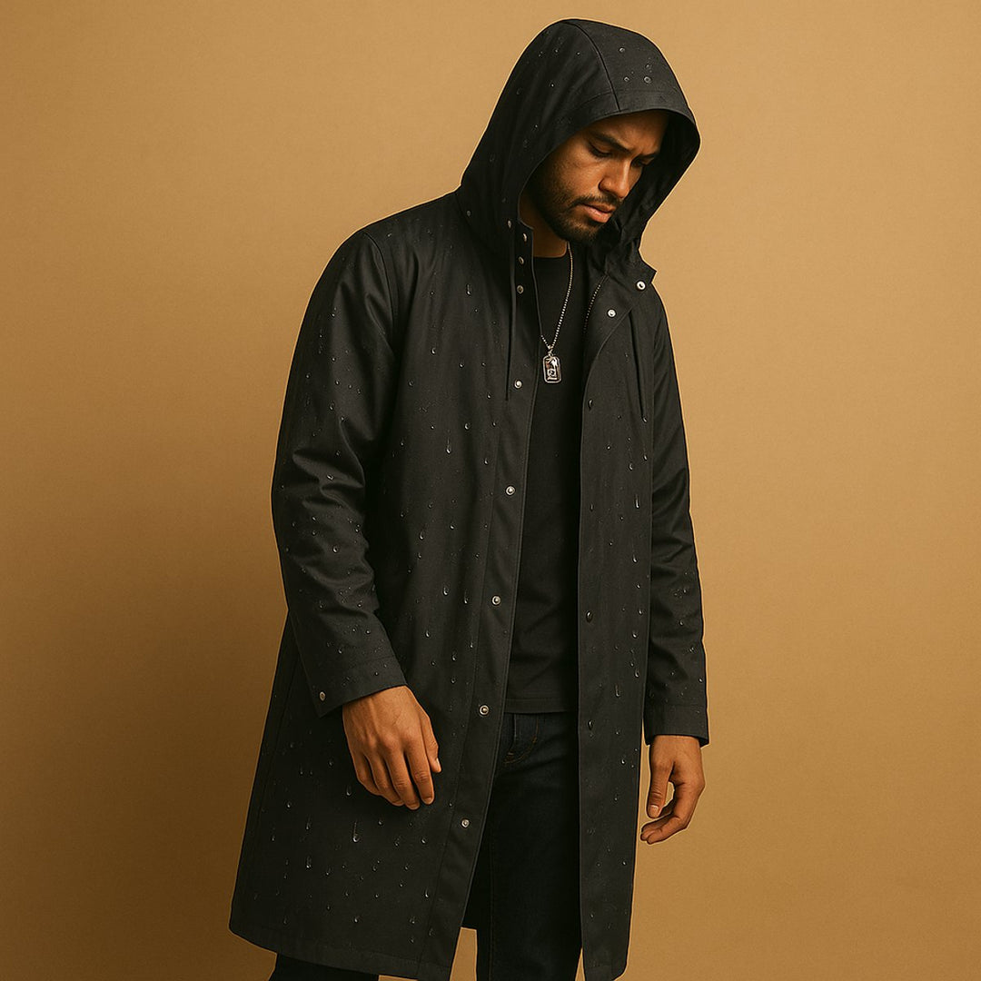 Men's Long Hooded Waterproof Rain Jacket EVA Snap-Front