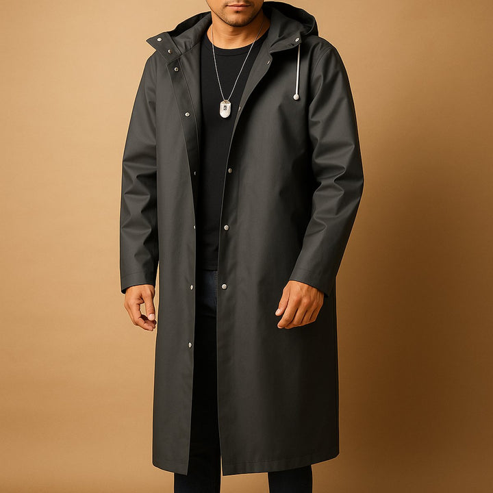 Men's Long Hooded Waterproof Rain Jacket EVA Snap-Front - Black
