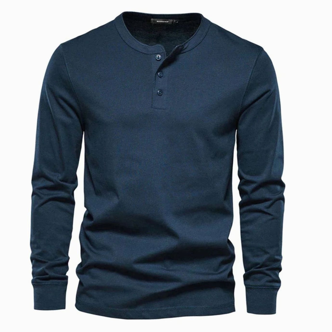 Men's Long-Sleeve Button-Placket Henley Shirt - Navy Blue