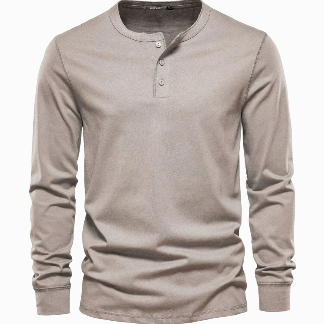 Men's Long-Sleeve Button-Placket Henley Shirt - Beige