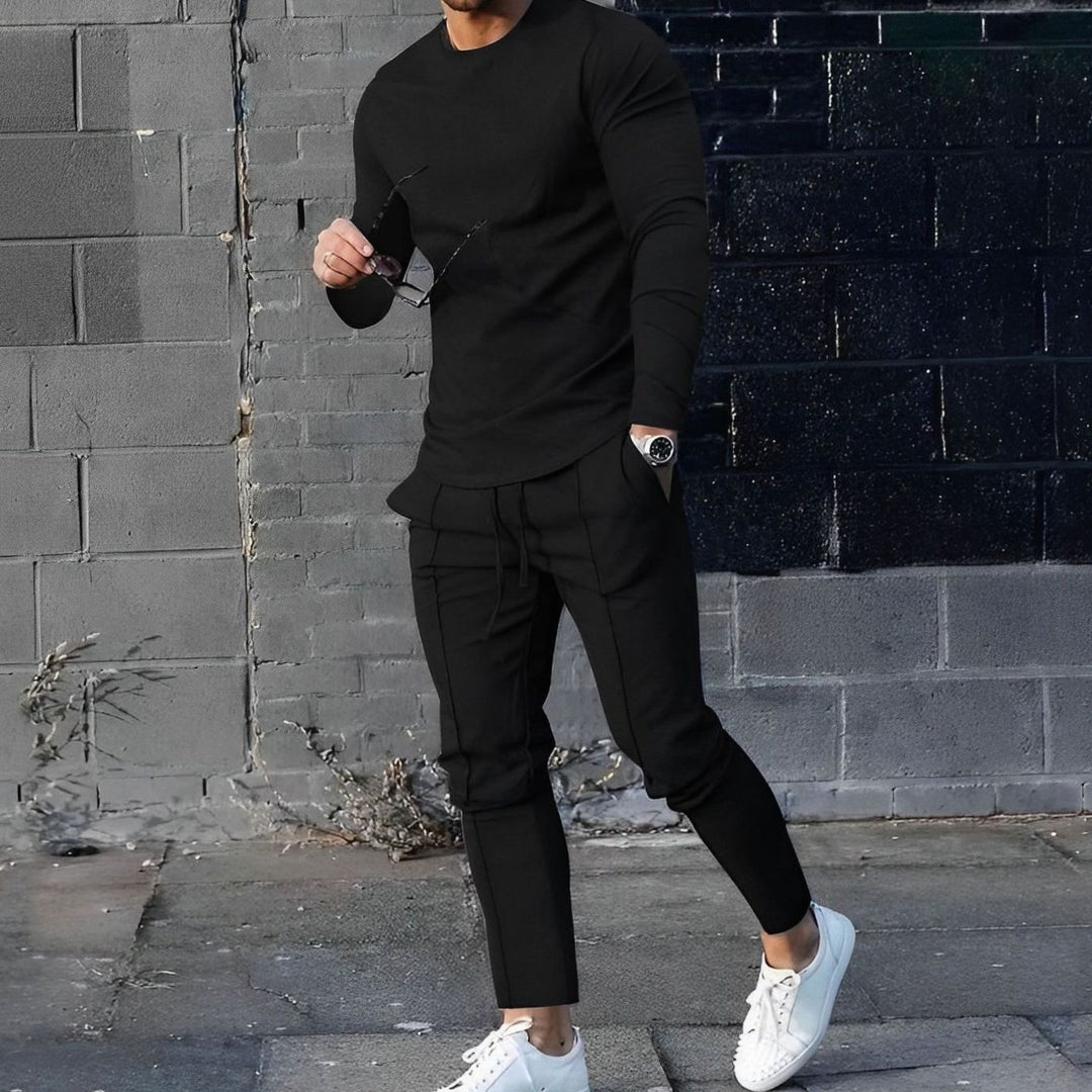 Men's Long-Sleeve Crewneck Two-Piece Jogger Outfit Set - Black