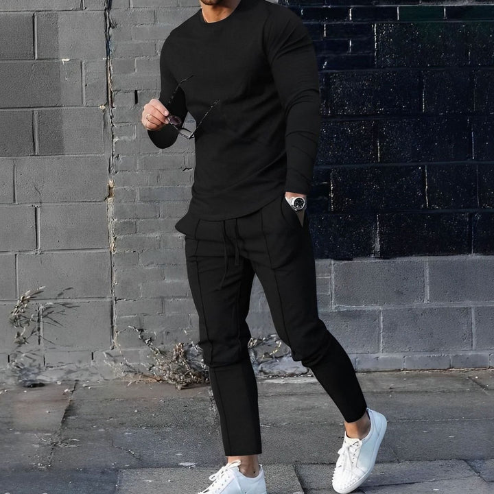 Men's Long-Sleeve Crewneck Two-Piece Jogger Outfit Set - Black