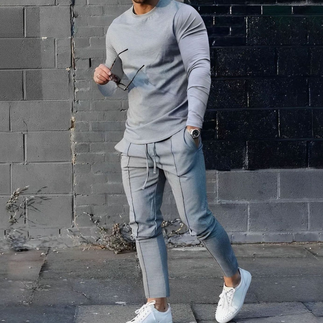 Men's Long-Sleeve Crewneck Two-Piece Jogger Outfit Set - Grey