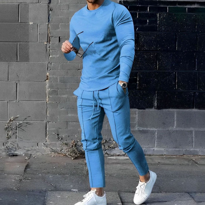 Men's Long-Sleeve Crewneck Two-Piece Jogger Outfit Set - Blue
